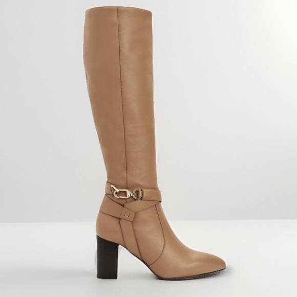Aquatalia Designer Tan Knee-High Leather And Gold Hardware‎ Women's Boots Size 9 - Picture 1 of 9